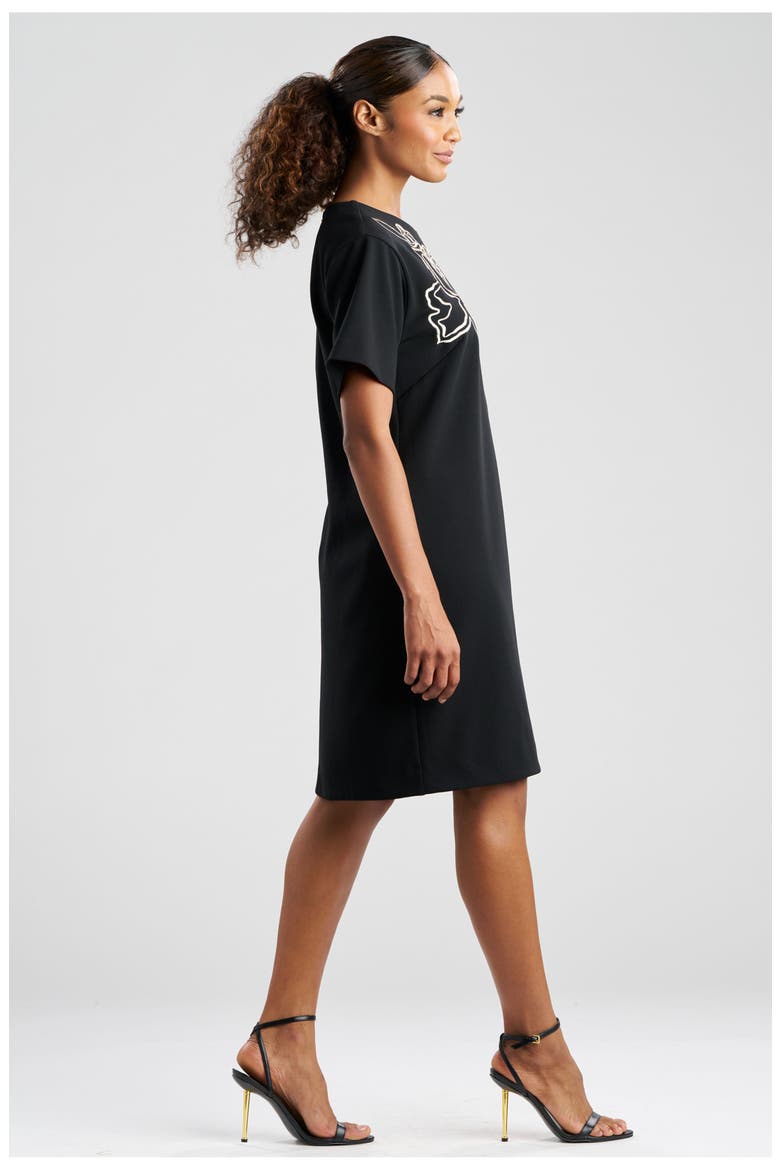 Solid Knit Crepe Short Sleeve Shift Dress with Embellishment, Alternate, color, BLACK