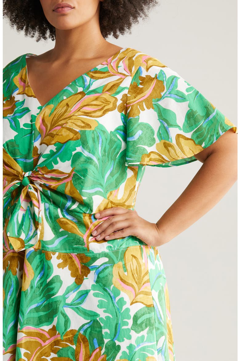 Front Tie Short Sleeve Cotton Midi Dress, Alternate, color, SOFT WHITE/ GOLDEN OLIVE