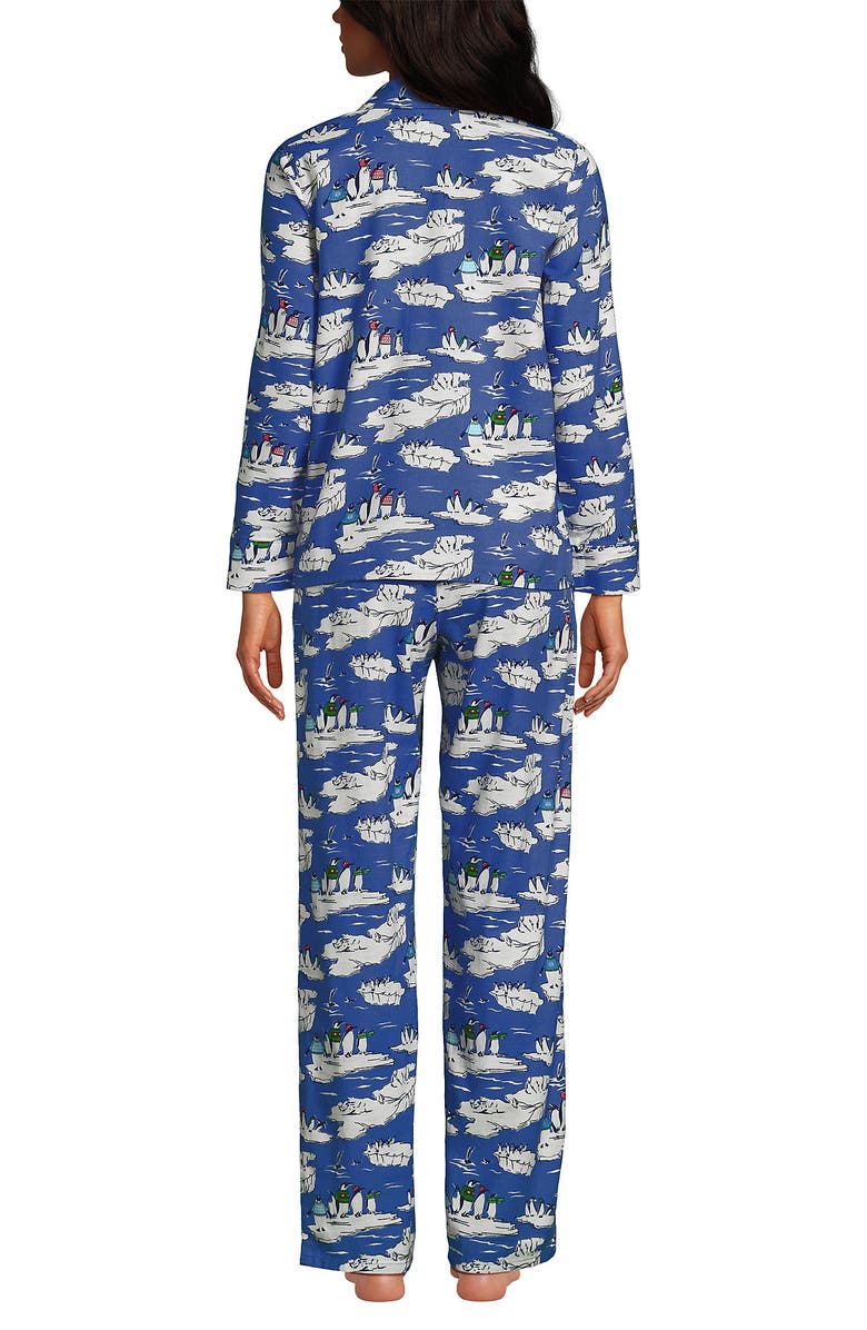 Lands' End Flannel 2 Piece Pajama Set - Long Sleeve Shirt and Pants, Alternate, color, Cobalt Blue Holiday Penguins