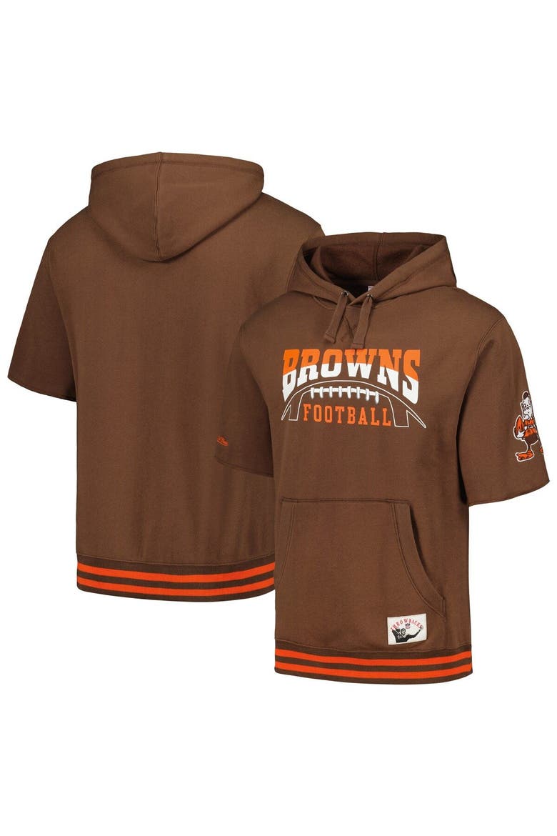 Men's Mitchell & Ness Brown Cleveland Browns Pre-Game Short Sleeve Pullover Hoodie, Main, color, Brown