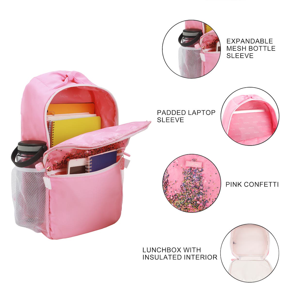 Pink Confetti Filled Pink 17" Adult Backpack With Matching Insulated Lunchbox, Alternate, color, Packed Party Silver Confetti