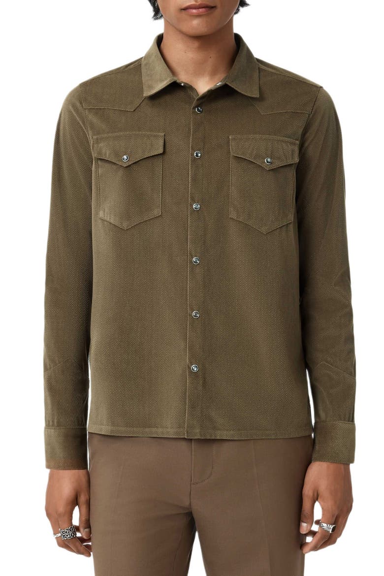 Andres Western Herringbone Faux Suede Snap-Up Shirt, Alternate, color, FOSSIL GREY