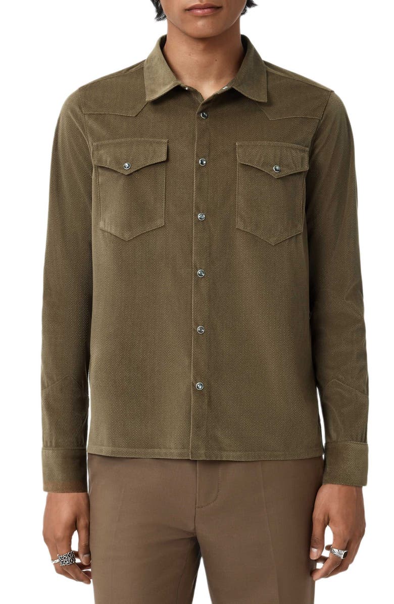 John Varvatos Andres Western Herringbone Faux Suede Snap-Up Shirt, Alternate, color, Fossil Grey