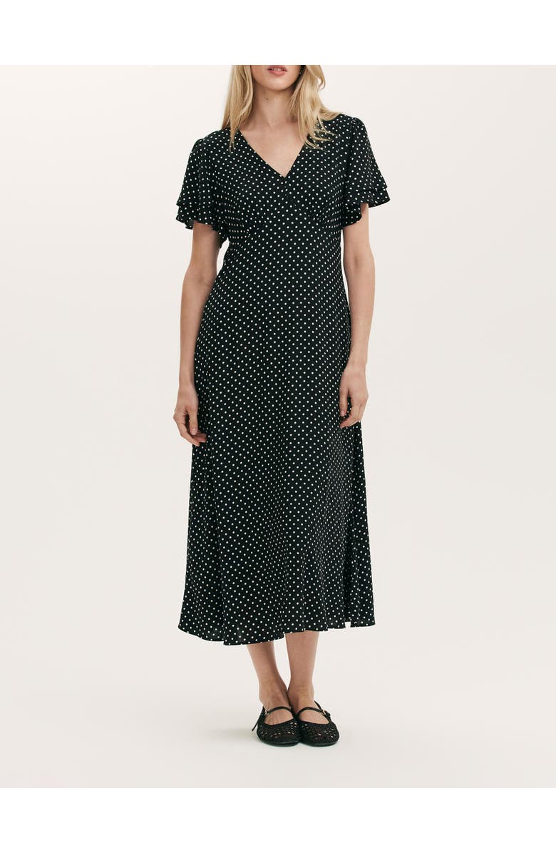 Finery London Saskia Polka Dot Midi Tea Dress, Alternate, color, Black Spot