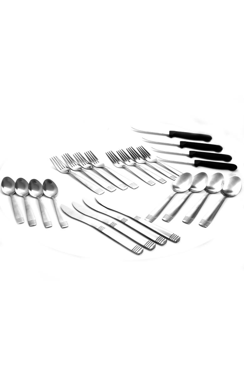 Gibson Palmore Plus 24 Piece Stainless Steel Flatware Set with 4 Steak Knives, Alternate, color, Metallic Silver