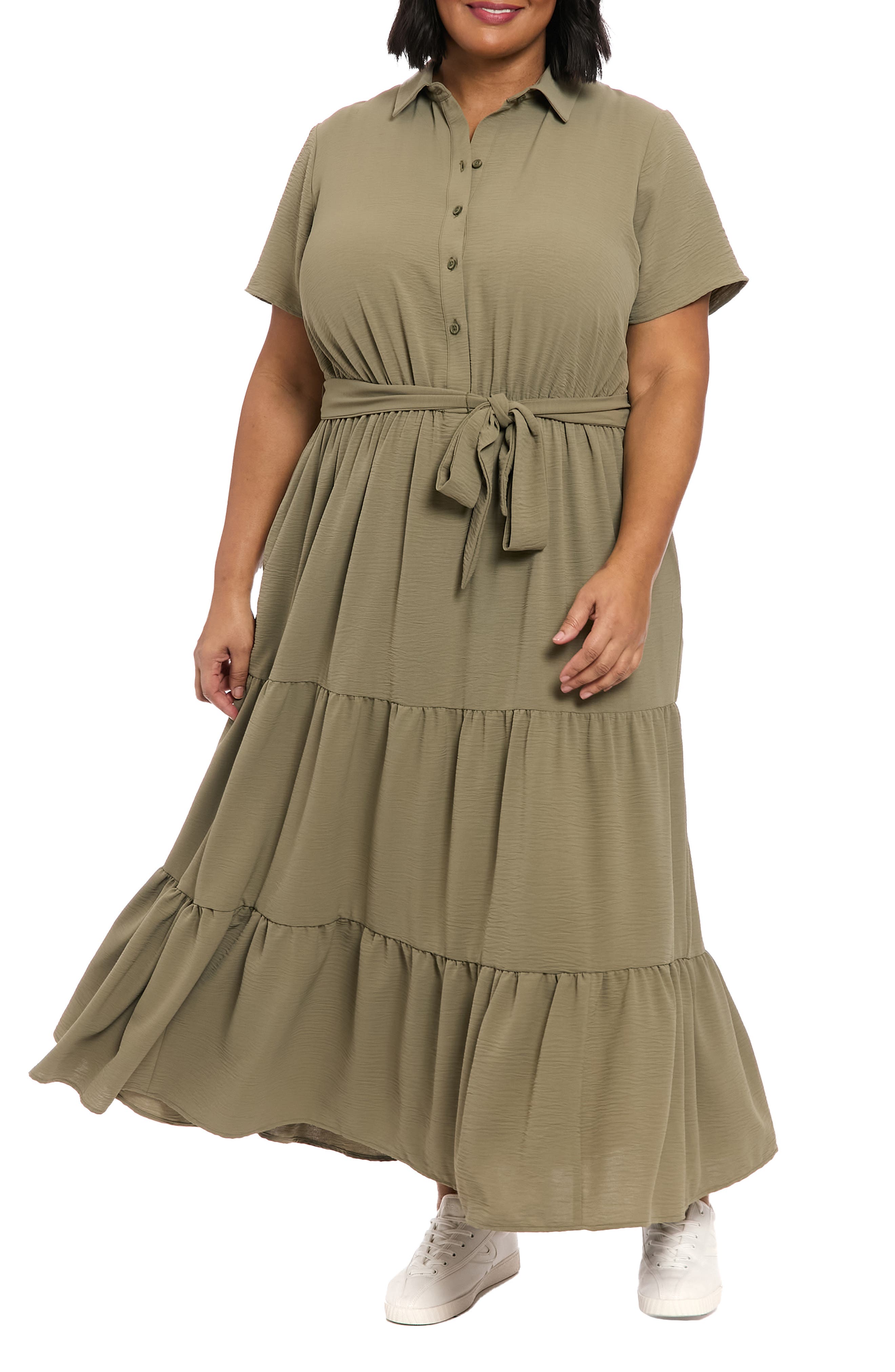 London Times Tiered Tie Waist Shirtdress