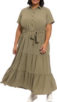London Times Tiered Tie Waist Shirtdress