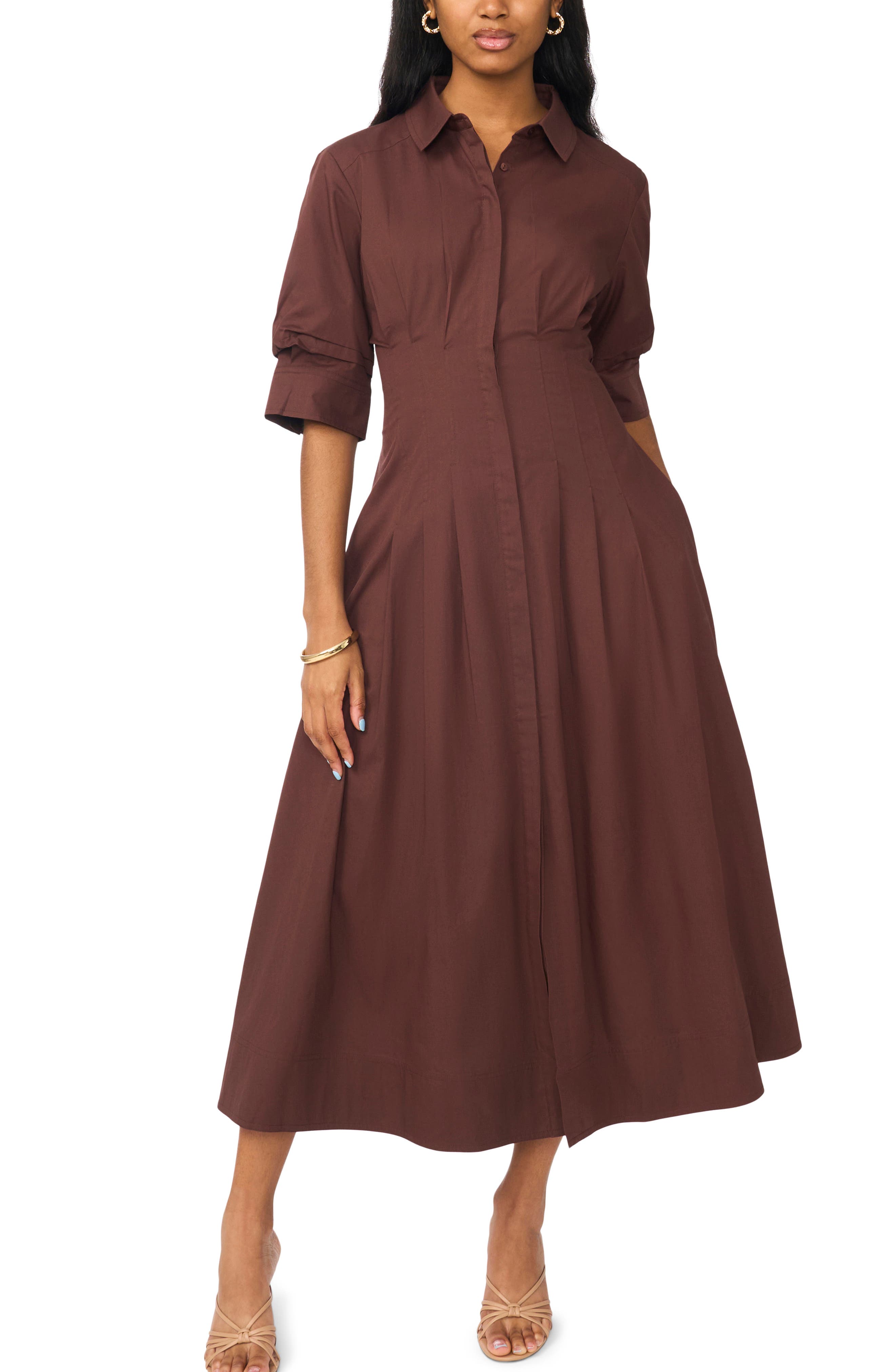 Pleated Button Up Shirtdress