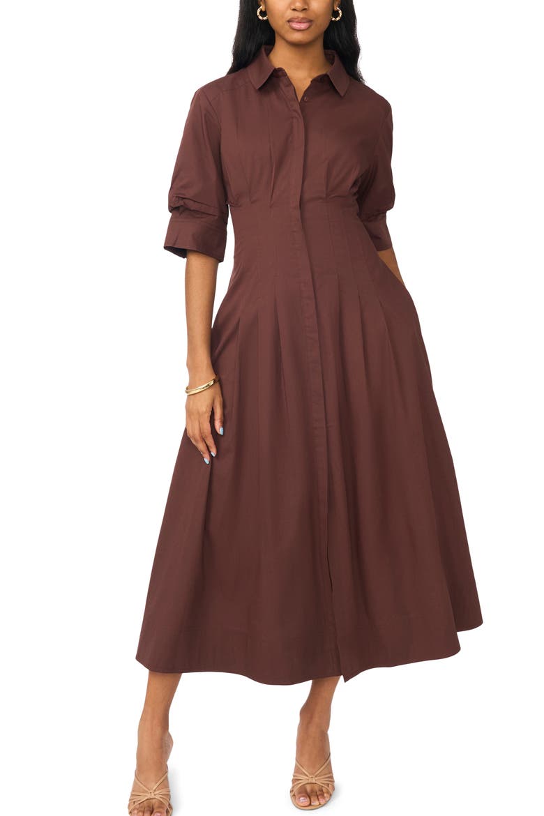 Pleated Button Up Shirtdress, Main, color, CHICORY COFFEE