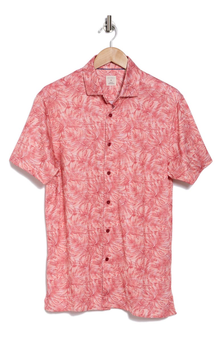 CONSTRUCT Slim Fit Large Monstera 4-Way Stretch Short Sleeve Button-Up Shirt, Alternate, color, Coral