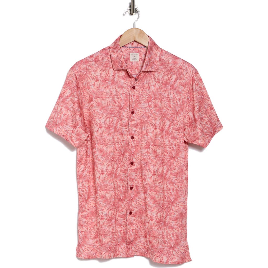 Construct Slim Fit Large Monstera 4-way Stretch Short Sleeve Button-up Shirt In Coral