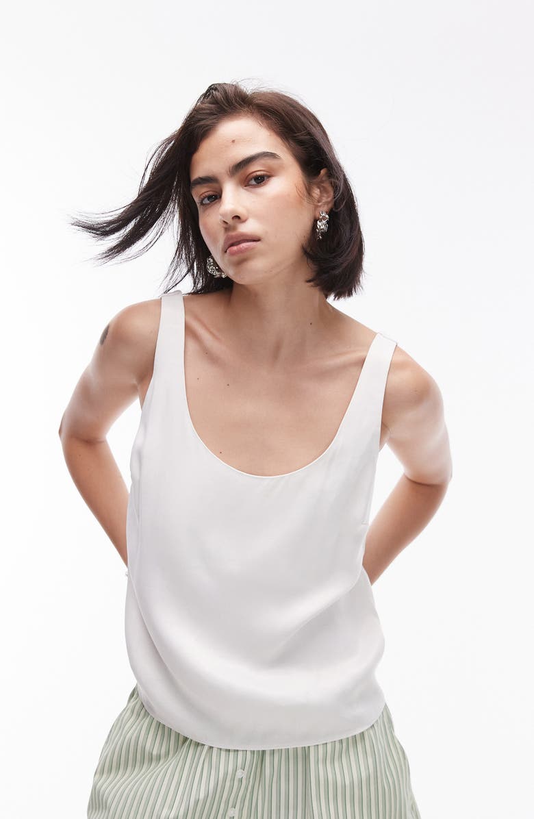 Topshop Scoop Neck Woven Tank, Main, color, Ivory