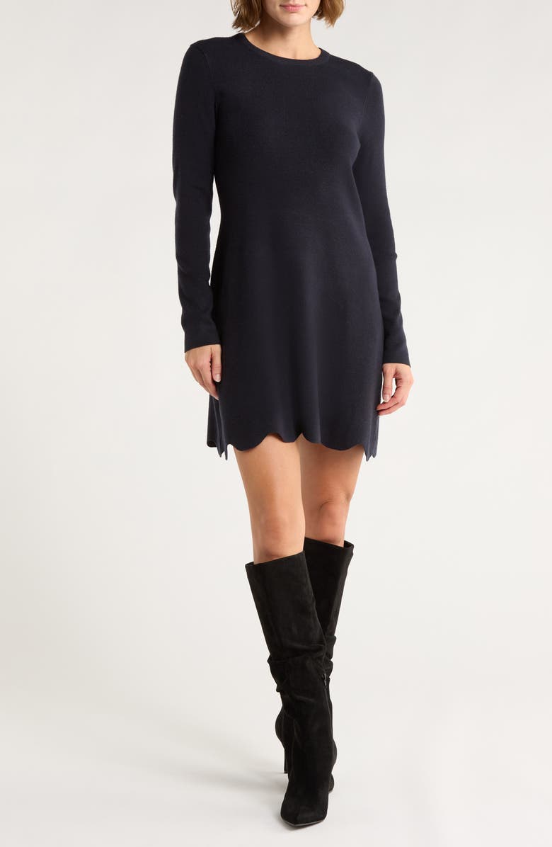French Connection Long Sleeve Scallop Hem Knit Dress, Main, color, Navy