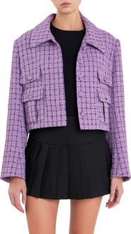 English Factory Windowpane Check Tweed Crop Blazer