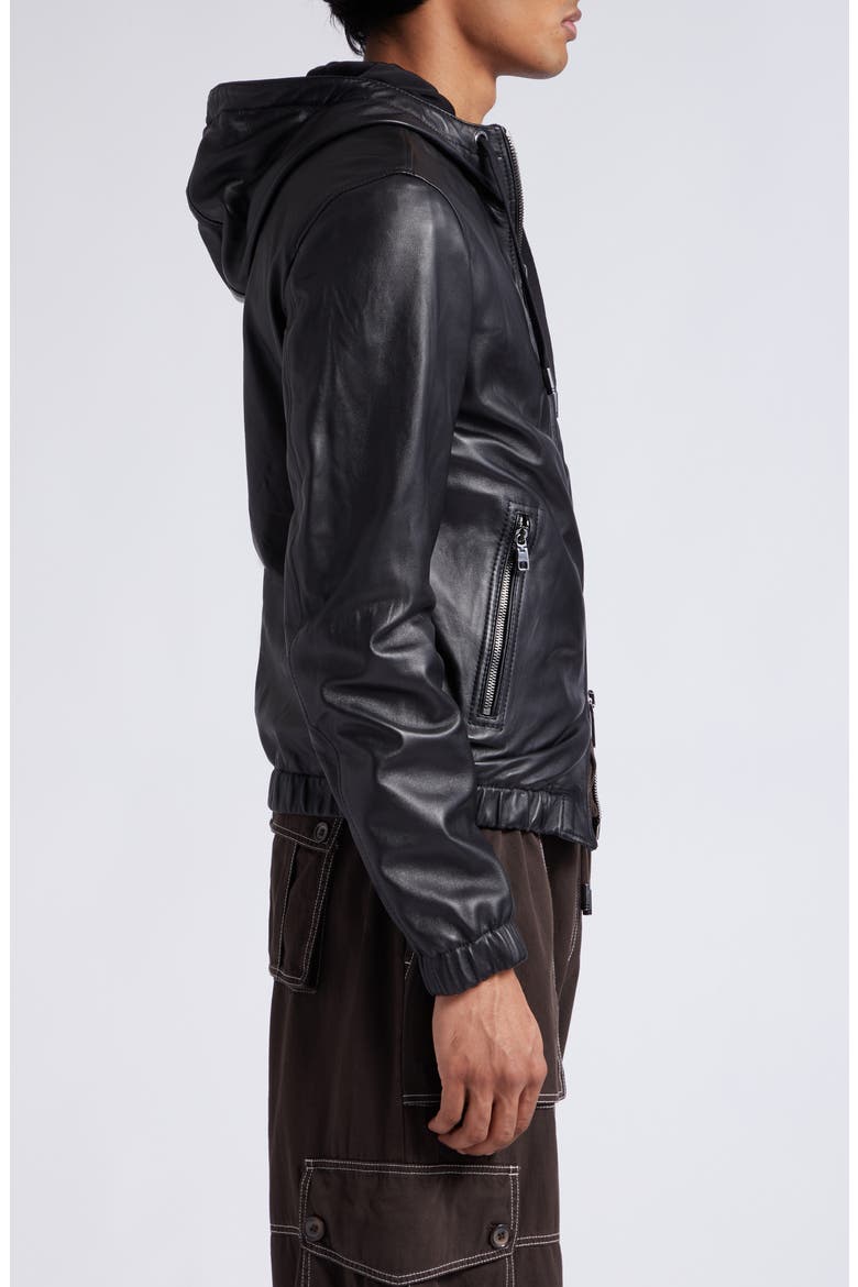 Logo Plaque Leather Hooded Blouson Jacket, Alternate, color, BLACK