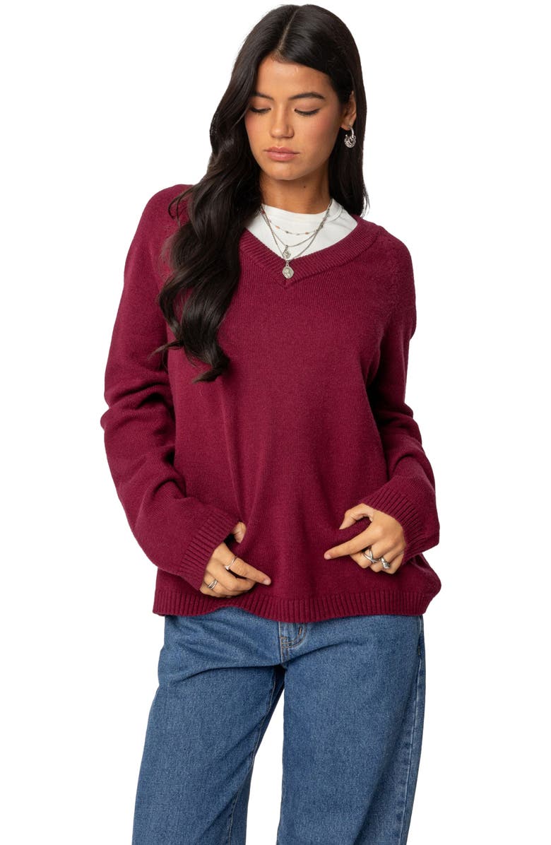 EDIKTED Martha Oversize V-Neck Sweater, Alternate, color, Burgundy