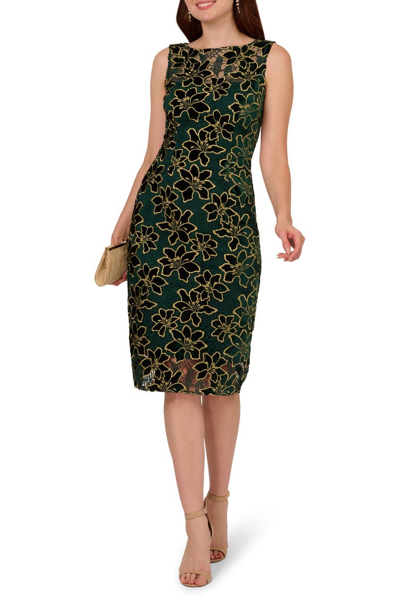 Floral Embroidered Metallic Sheath Dress, Main, color, HUNTER/ GOLD