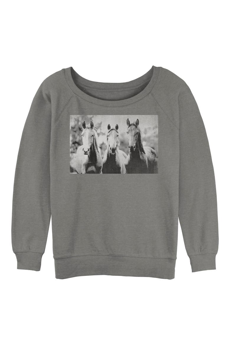 Junior's Lost Gods Black and White Horses  Sweatshirt, Main, color, Gray Heather