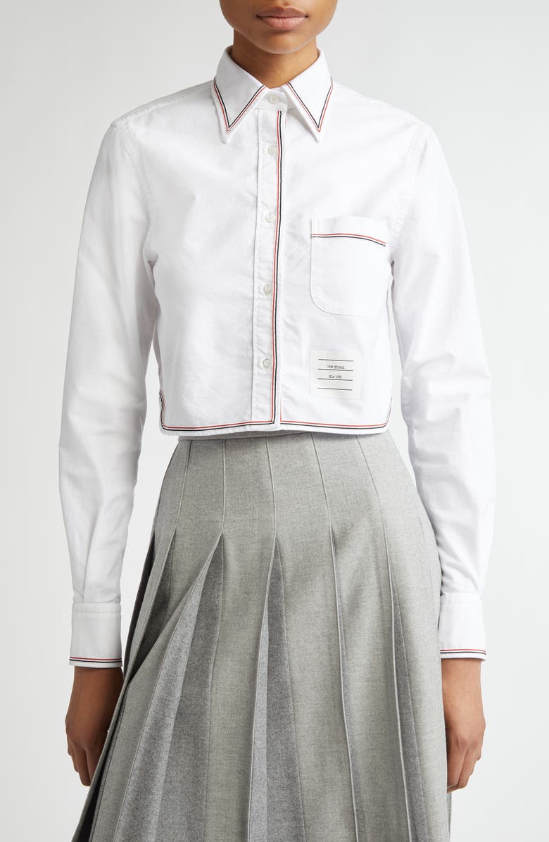 Thom Browne Crop Cotton Poplin Button-Up Shirt, Main, color, White