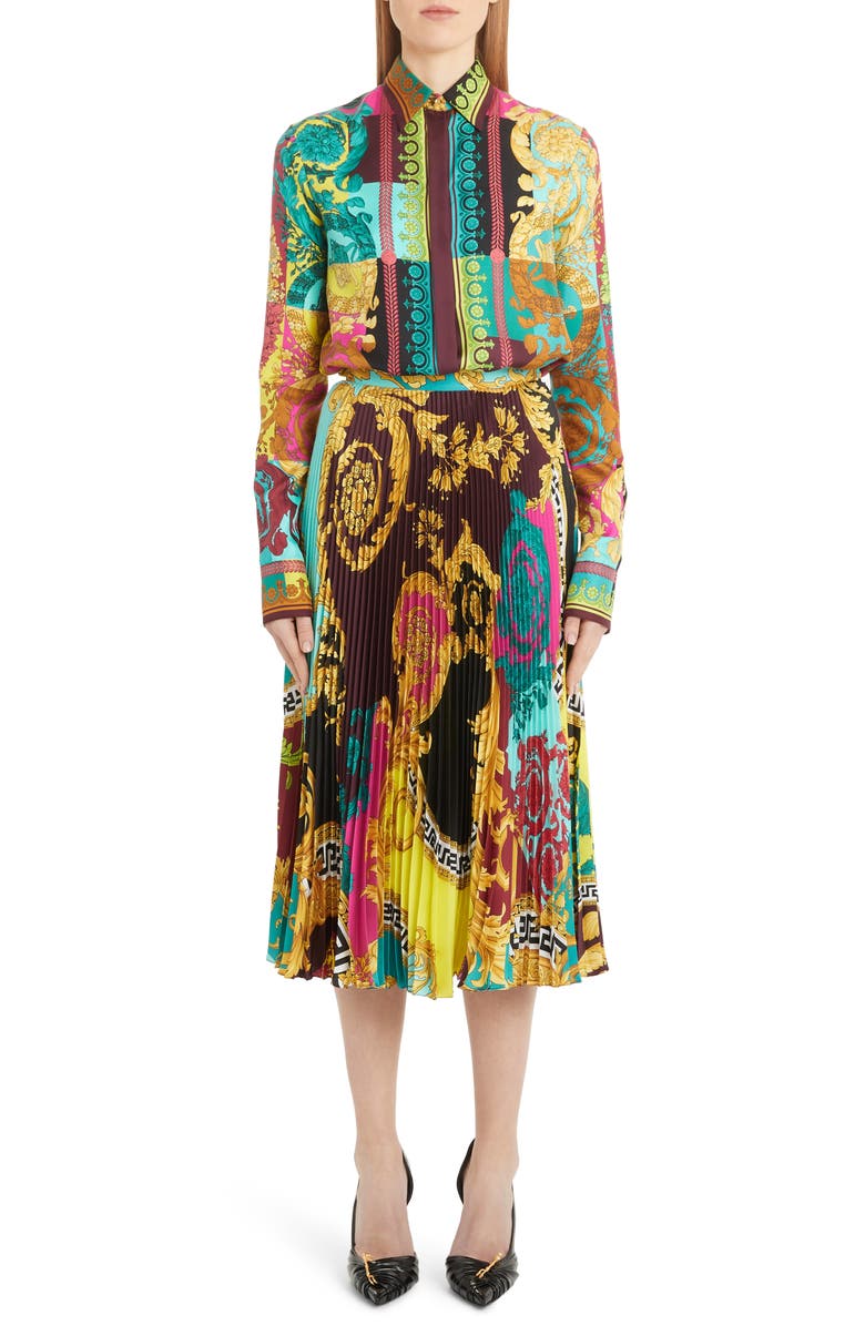 Versace Colorblock Mixed Print Pleated Midi Skirt, Alternate, color,