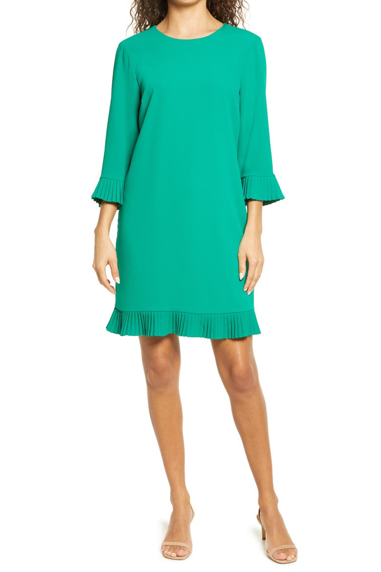 Pleat Detail Moss Crepe Shift Dress, Main, color, VIBRANT KELLY