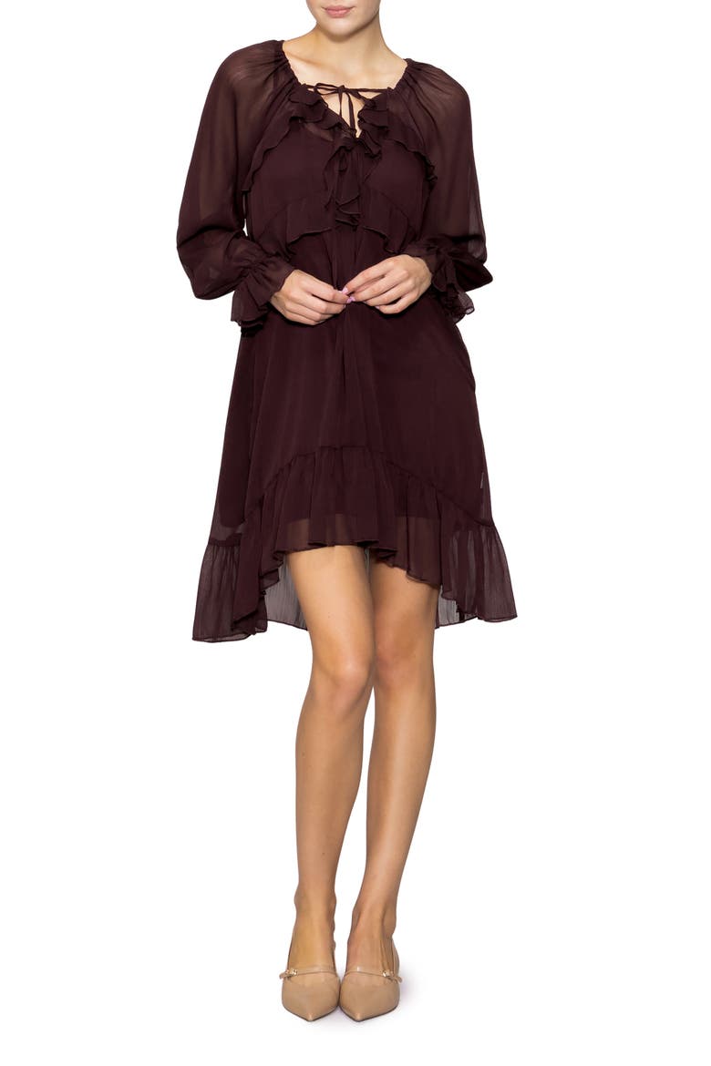 Ruffle Long Sleeve Chiffon Babydoll Dress, Main, color, MAROON