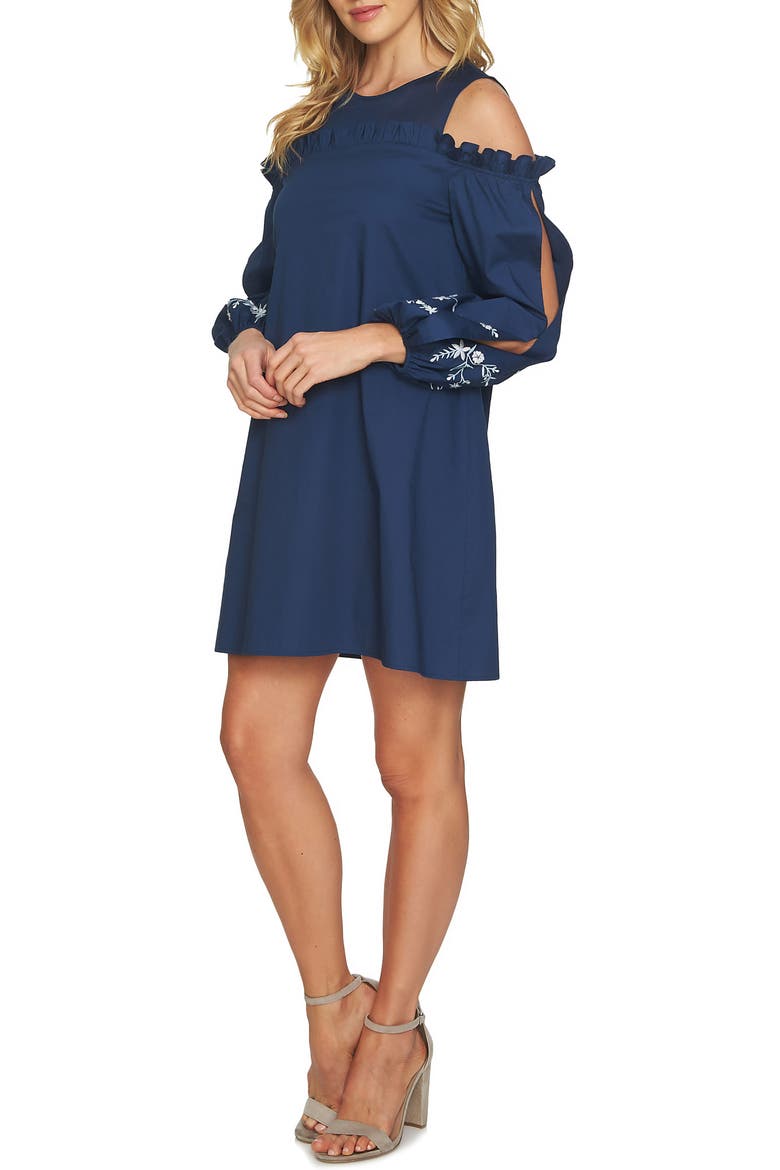 Cold Shoulder Embroidered Shift Dress, Alternate, color, INDIGO SKY