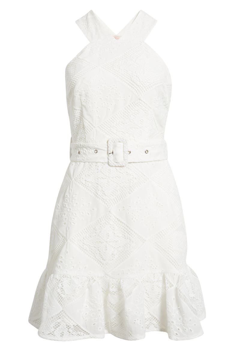 Braylee Lace Eyelet Belted Sleeveless Minidress, Alternate, color, WHITE
