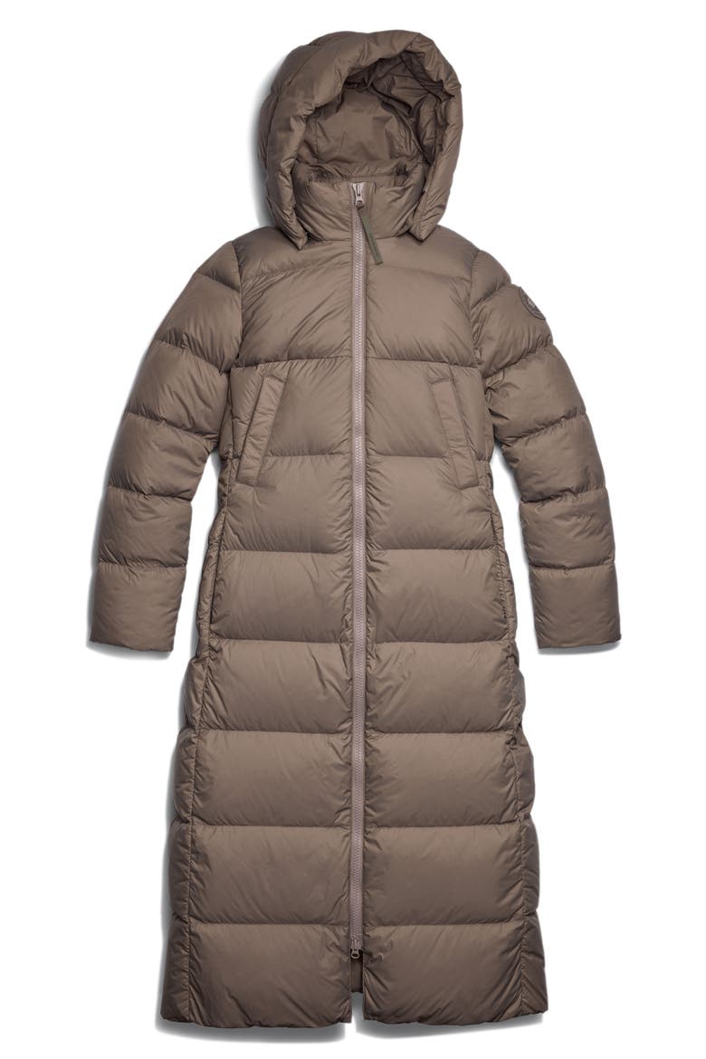 Mystique Tonal Label 750 Fill Power Down Long Puffer Coat, Alternate, color, TAUPE GREY
