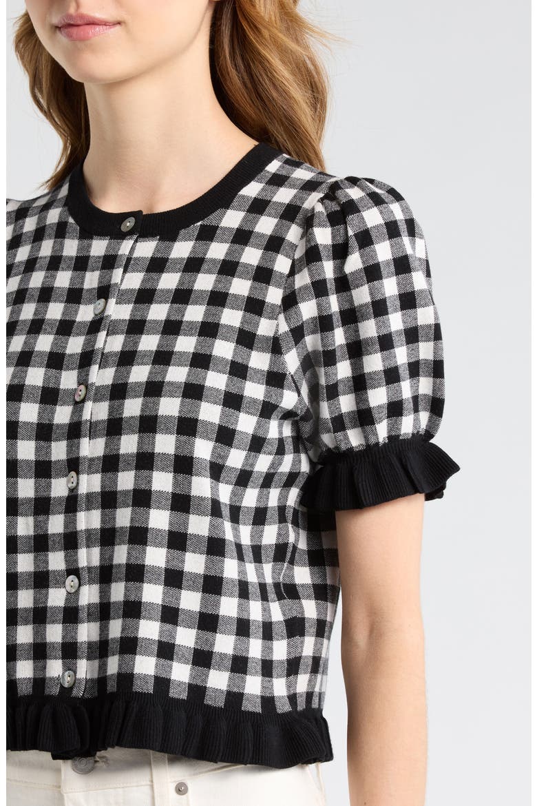 Lora Short Sleeve Cardigan, Alternate, color, BLACK WHITE GINGHAM