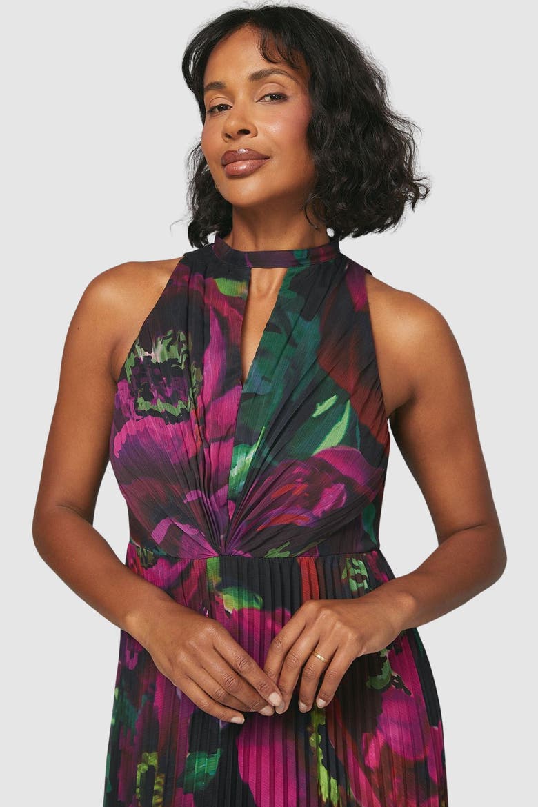 Floral Print Pleated Maxi Dress, Alternate, color, Black