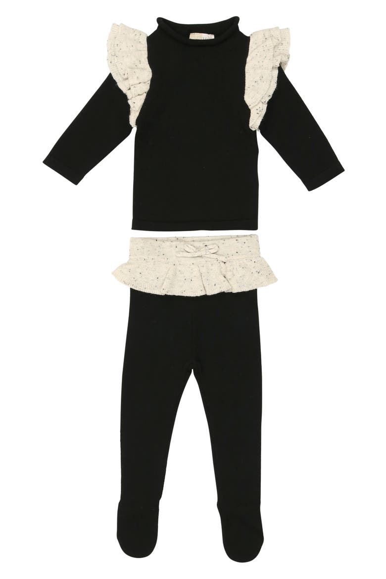 Flecked Ruffle Long Sleeve Stretch Cotton Top & Leggings Set, Main, color, BLACK WHITE