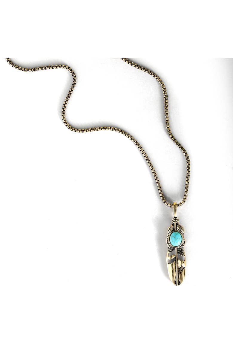 Women's Feather Necklace with Turquoise Stone in Gold, Alternate, color, Gold, turquoise