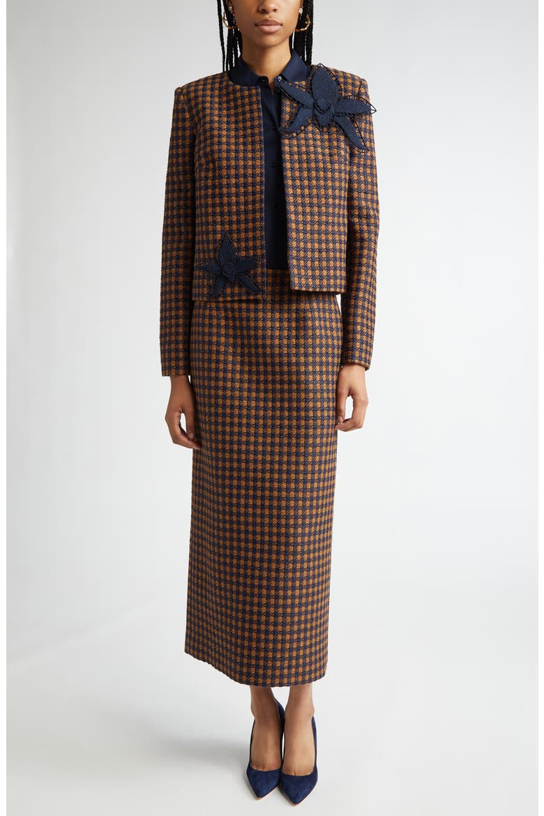 Orchid Embroidered Check Tweed Jacket, Alternate, color, COGNAC/ NAVY