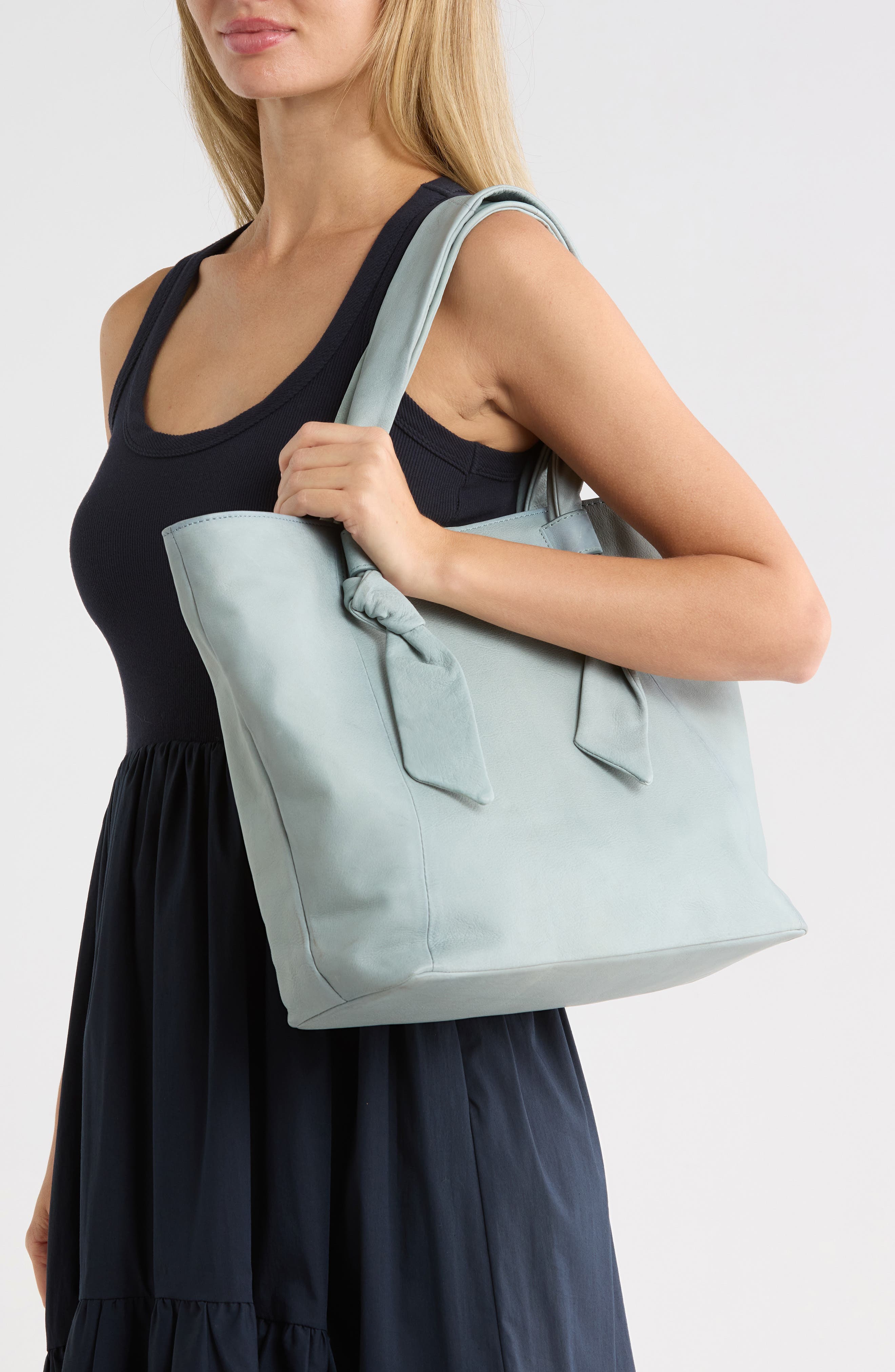 Nora Knotted Strap Leather Tote, Alternate, color, LT. SKY