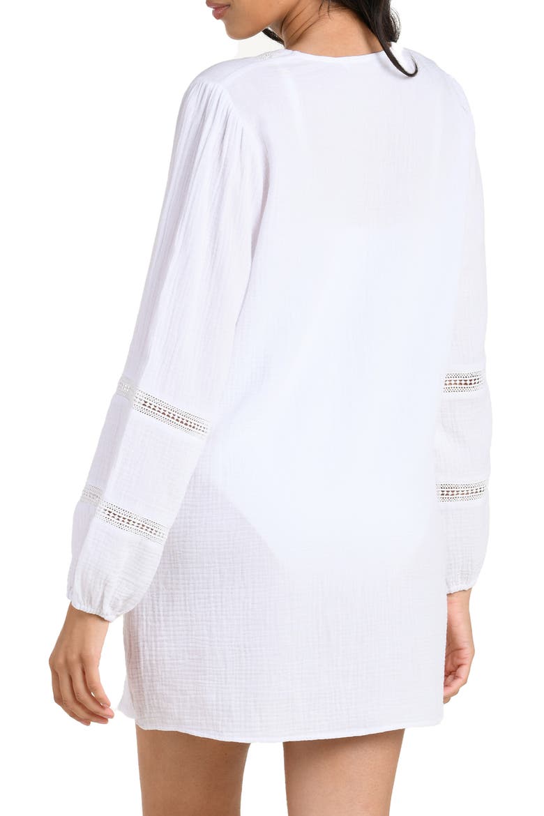 Seaside Lace Inset Long Sleeve Cotton Cover-Up Dress, Alternate, color, WHITE