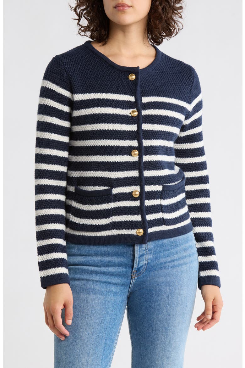 Stripe Sweater Jacket, Main, color, NAVY STILL- IVORY STRIPE