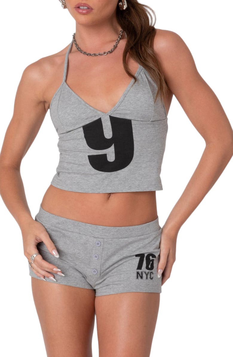 EDIKTED Jordan V- Neck Cotton Graphic Halter Top, Main, color, 