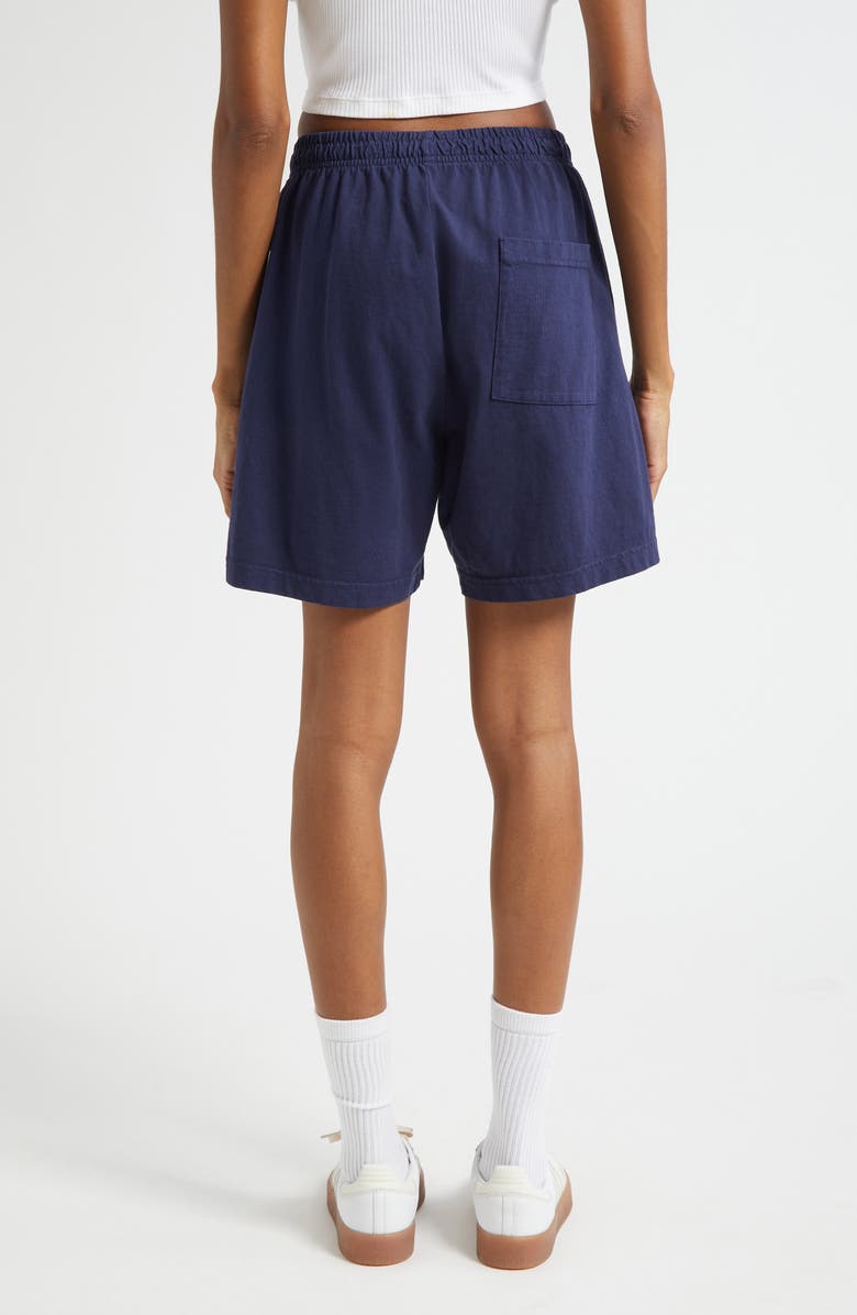 Sporty & Rich Serif Logo Graphic Gym Shorts, Alternate, color, Dark Navy