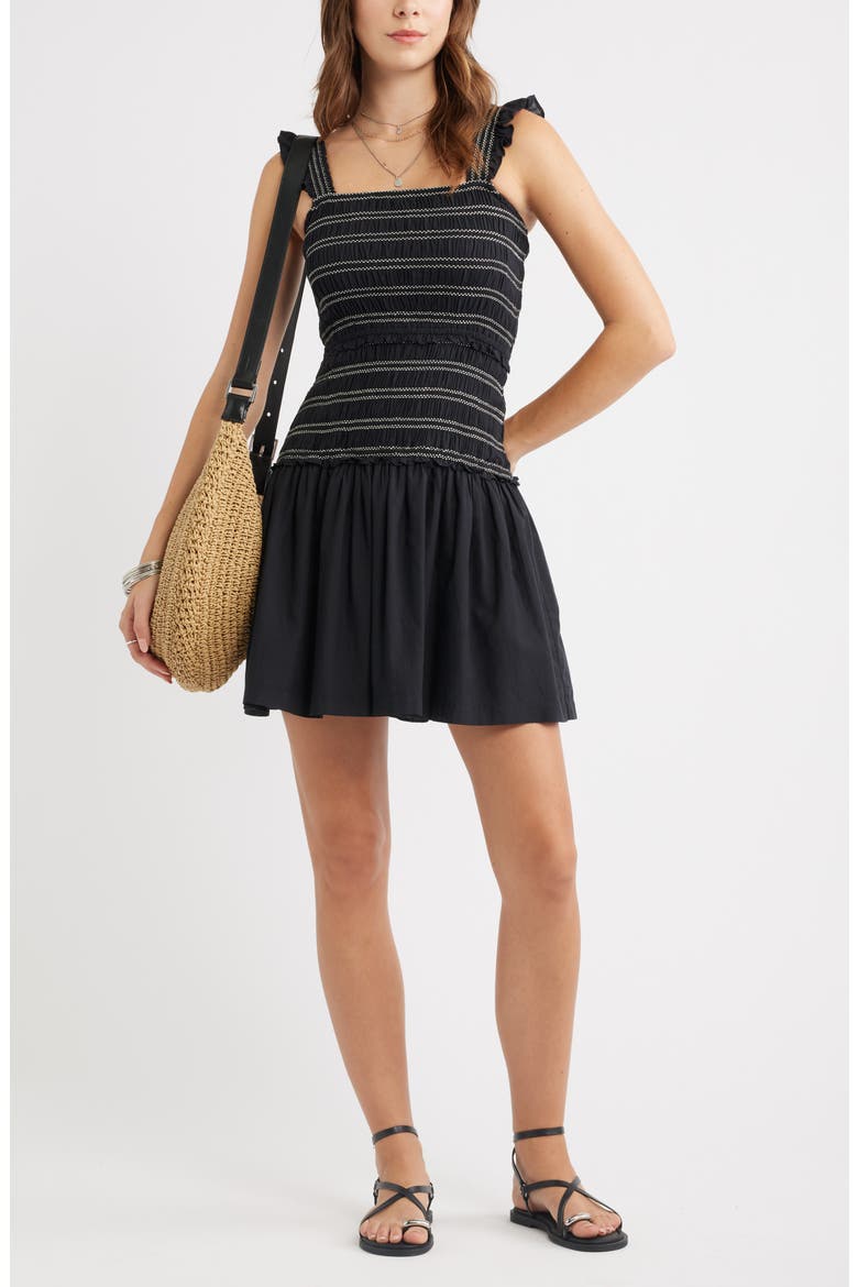 Ruffle Smocked Drop Waist Cotton Blend Minidress, Alternate, color, BLACK