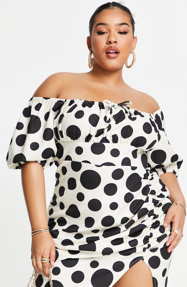 ASOS DESIGN Curve Polka Dot Ruched Off the Shoulder Dress, Alternate, color, 