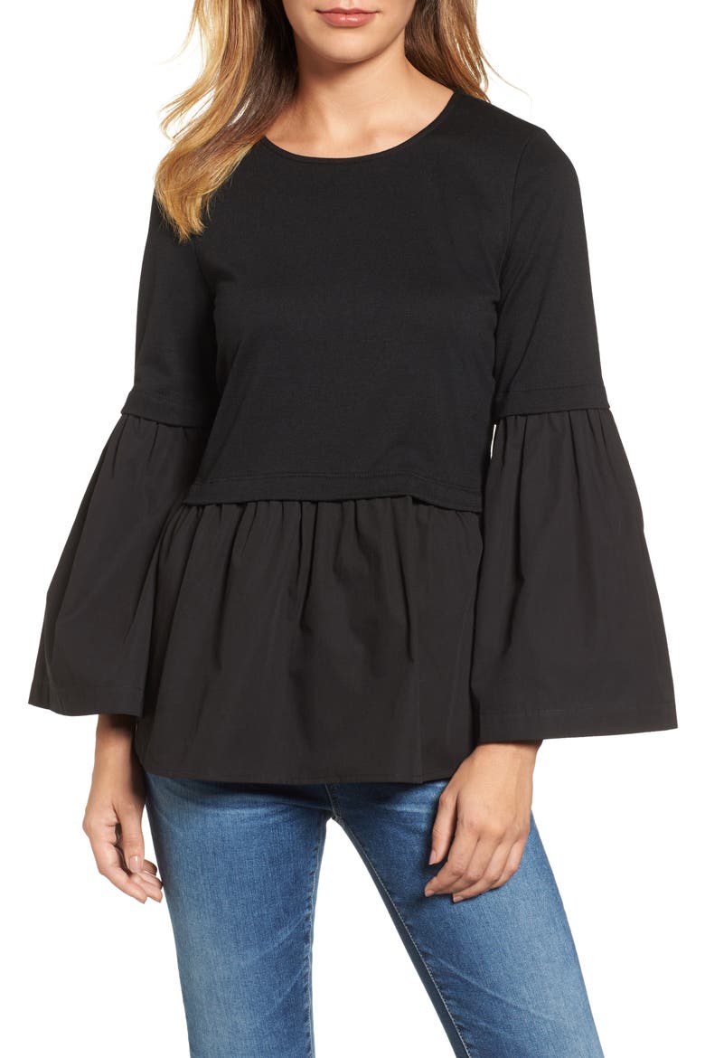 Knit Poplin Mix Top, Main, color, BLACK