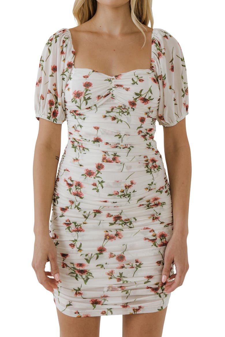 Floral Ruched Minidress, Alternate, color, WHITE MULTI