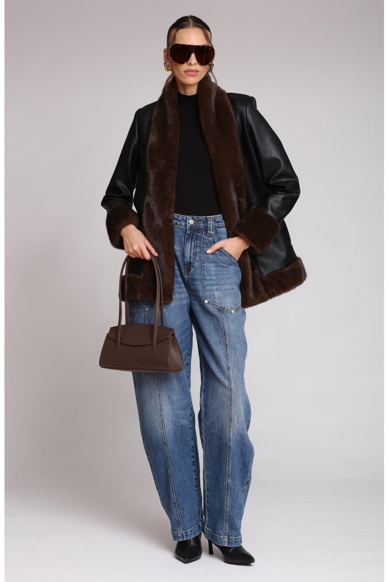 Faux Leather Coatigan With Faux Fur Trim, Alternate, color, BLACK