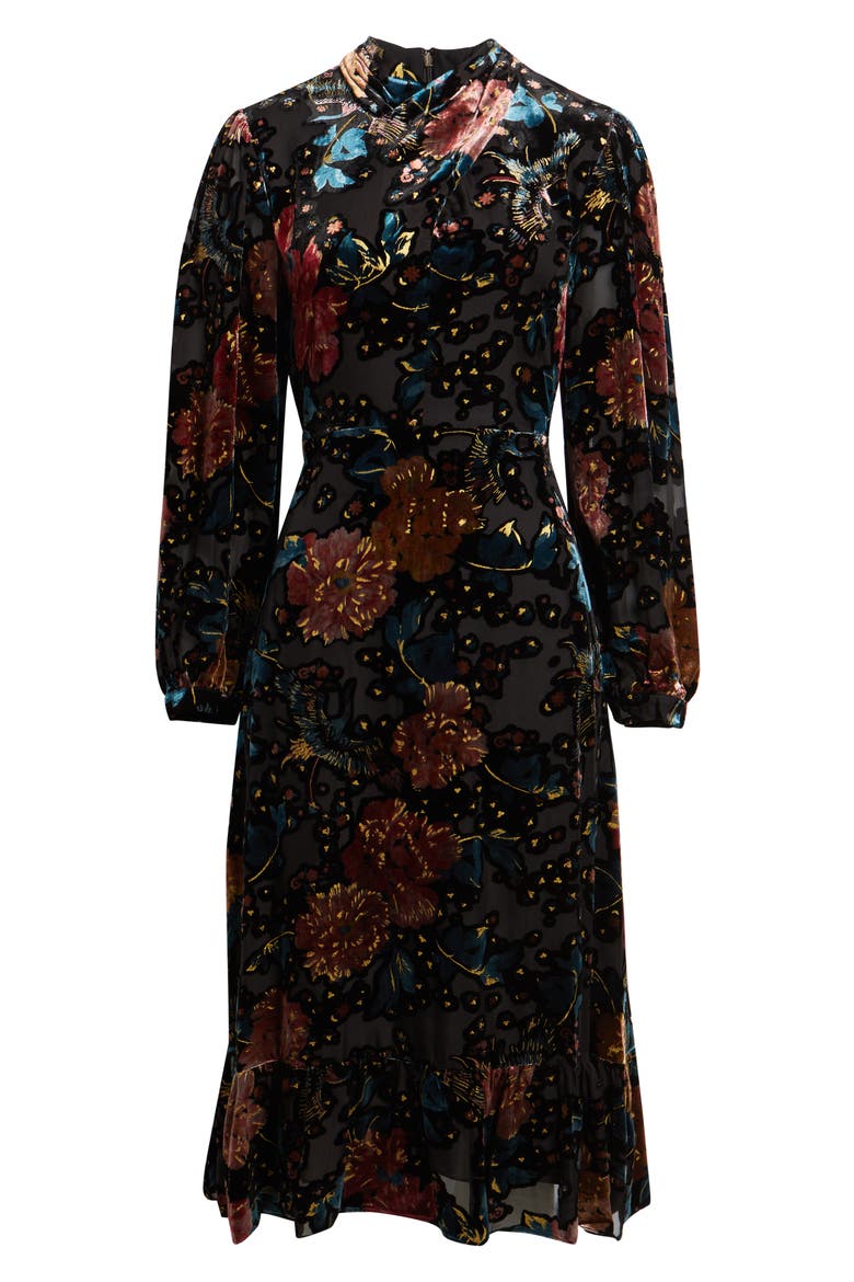 The Becca Long Sleeve Floral Velvet Burnout Midi Dress, Alternate, color, BLACK/ BIRDS OF PARADISE
