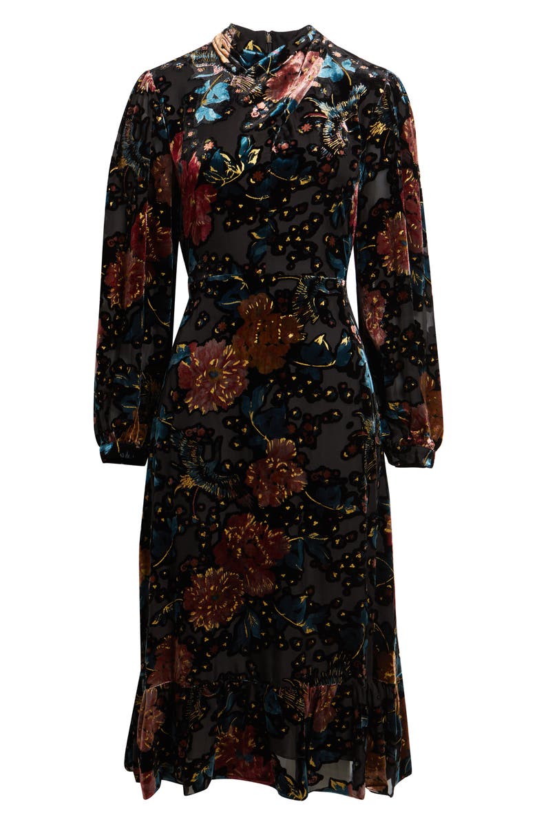 Elie Tahari The Becca Long Sleeve Floral Velvet Burnout Midi Dress, Alternate, color, Black/ Birds Of Paradise