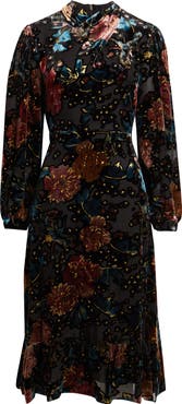 Elie Tahari The Becca Long Sleeve Floral Velvet Burnout Midi Dress
