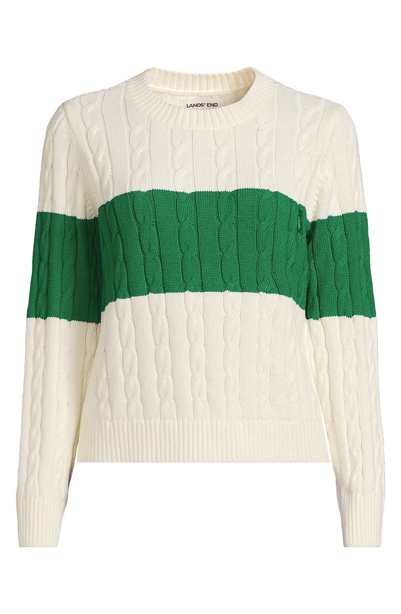 Lands' End Cotton Cable Drifter Crewneck Sweater, Alternate, color, Single Stripe/Vibrant Clover