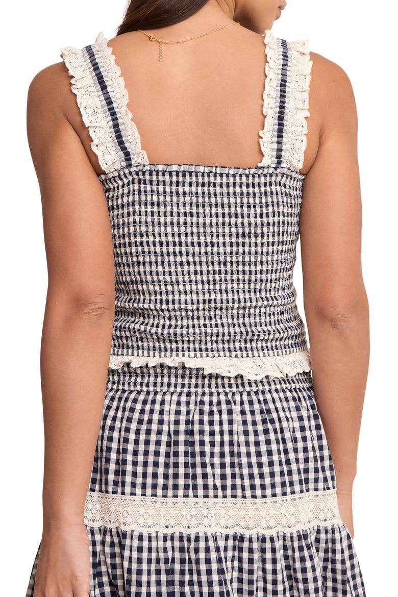 Gingham Smocked Eyelet Lace Trim Top, Alternate, color, BLACK