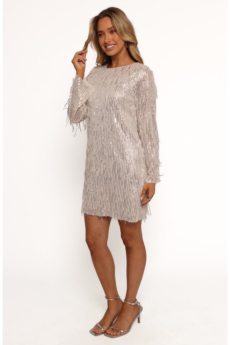 Serena Long Sleeve Sequin Fringe Minidress, Alternate, color, NUDE/SILVER